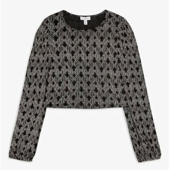 Topshop Women Black Lurex Zigzag Party Balloon Sleeve Cropped Blouse Size US 8 - Picture 4 of 4